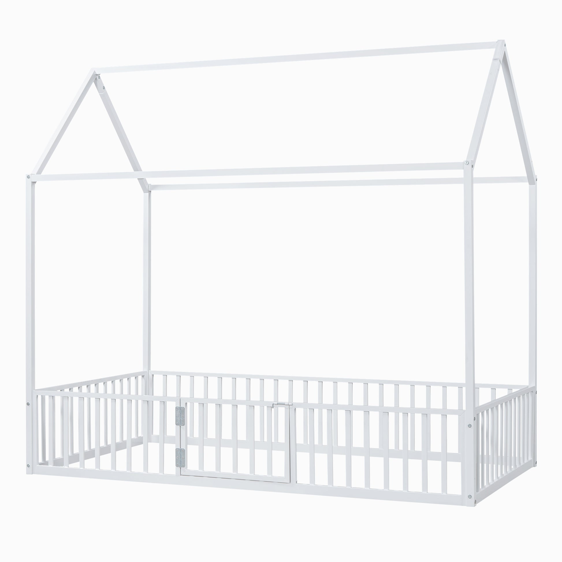 Twin Size Metal House Bed With Fence And Door, White White Metal
