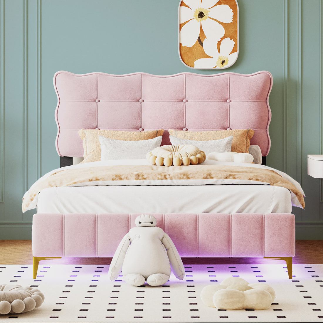 Full Size Velvet Platform Bed With Led Frame And Stylish Mental Bed Legs, Pink Pink Velvet