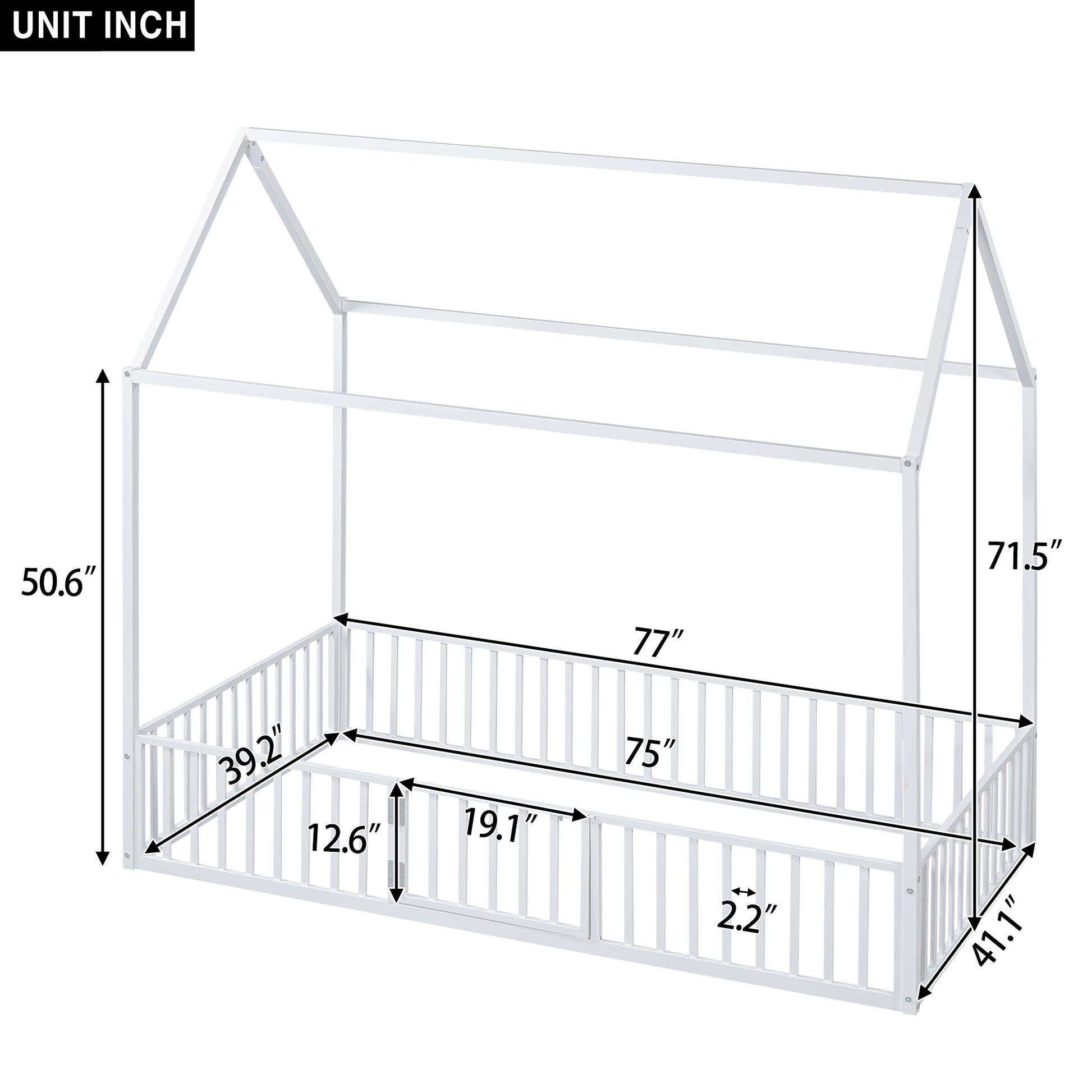 Twin Size Metal House Bed With Fence And Door, White White Metal
