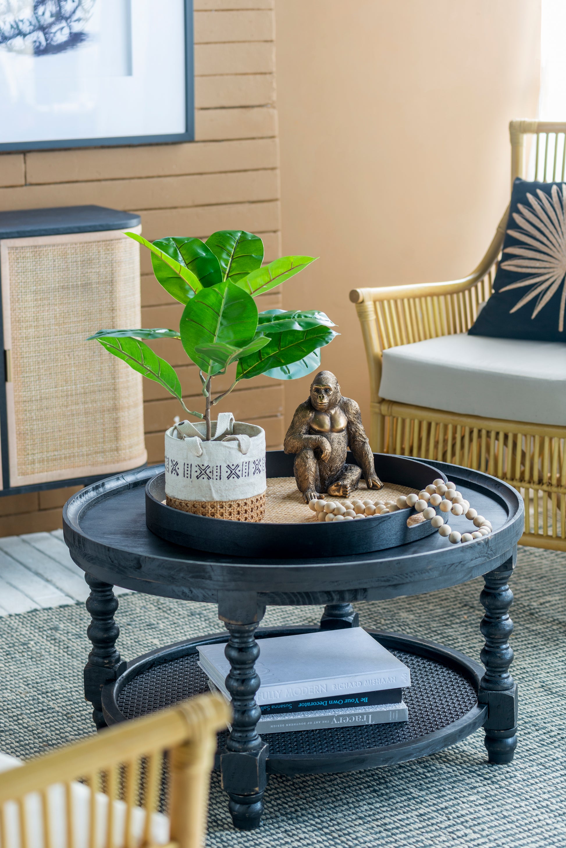 D29.7" X 16.5"Round 2 Tiered Side Tabel, Natural End Tabel For Lving Room Bedroom Entryway, Black Black Wood