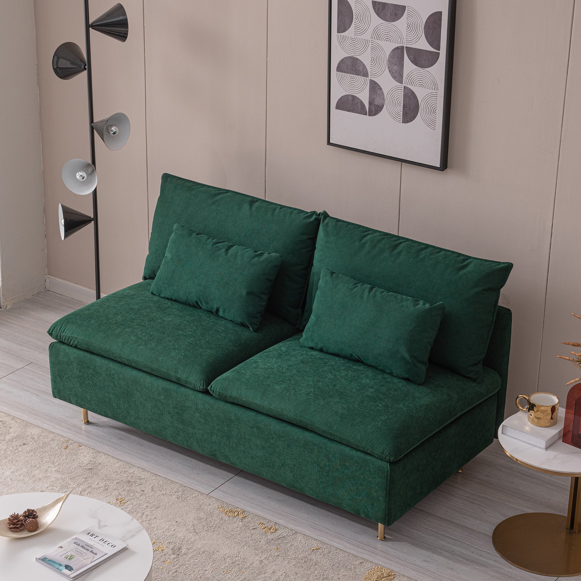 Modern Armless Loveseat Couch,Armless Settee Bench, Emerald Cotton Linen 59.8'' Emerald Foam Cotton Linen 2 Seat