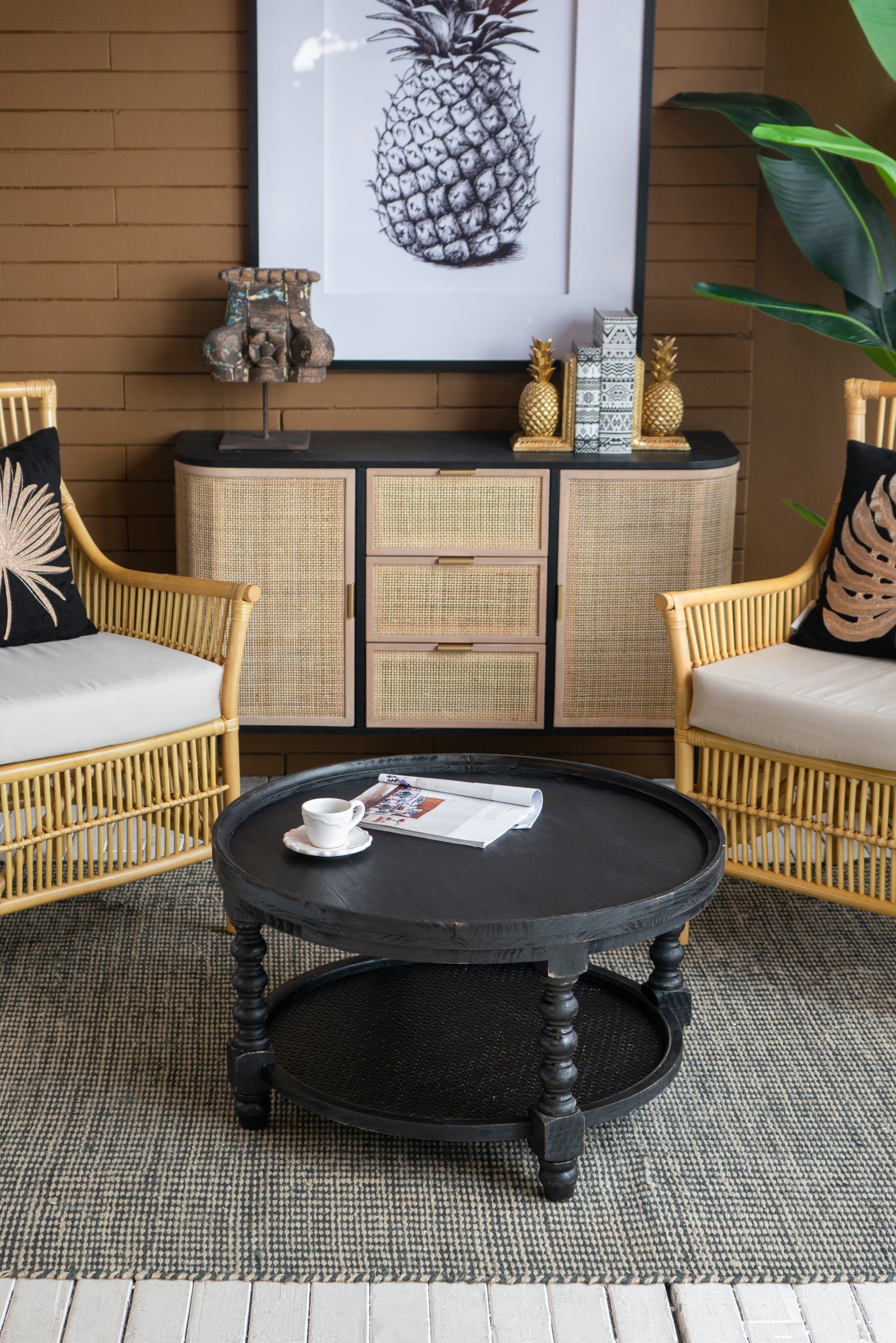 D29.7" X 16.5"Round 2 Tiered Side Tabel, Natural End Tabel For Lving Room Bedroom Entryway, Black Black Wood