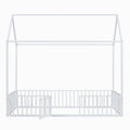 Twin Size Metal House Bed With Fence And Door, White White Metal