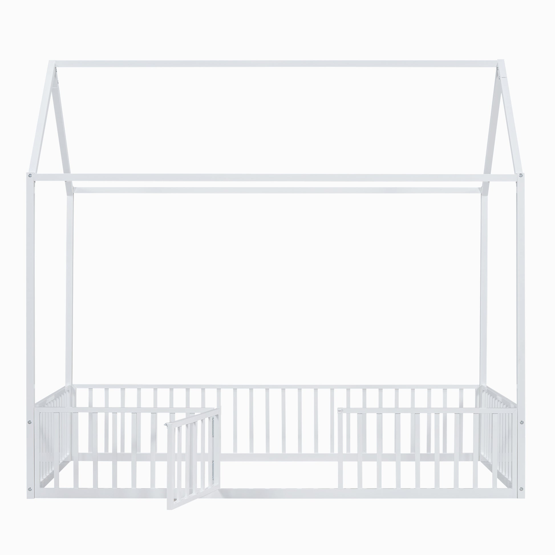 Twin Size Metal House Bed With Fence And Door, White White Metal