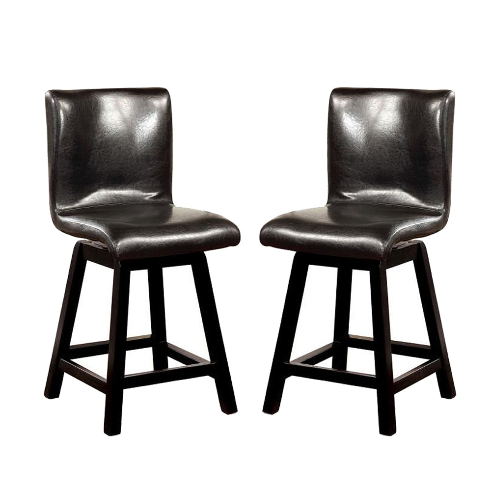 Set Of 2 Swivel Padded Counter Height Chairs In Black Finish Solid Black Dining Room Faux Leather