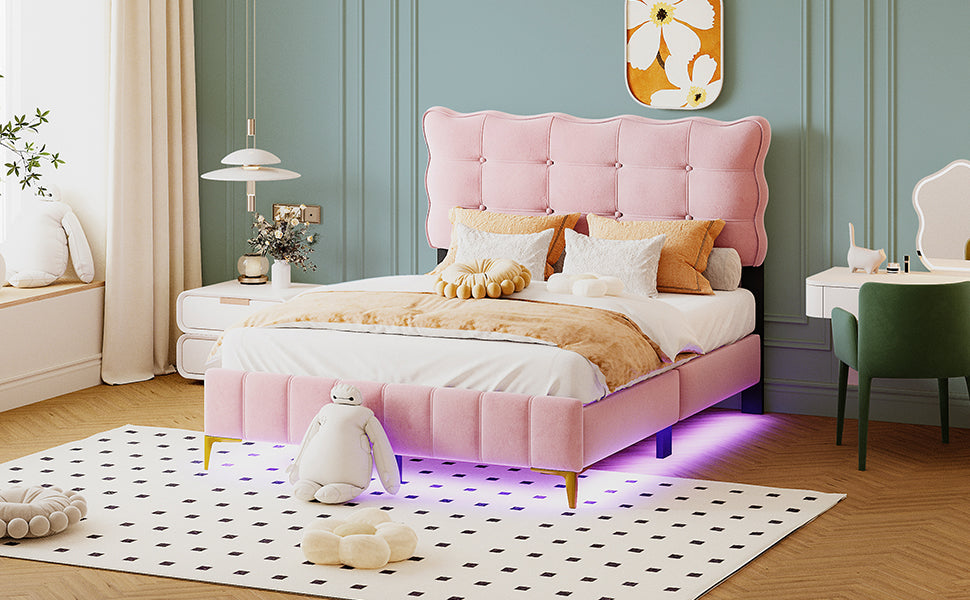 Full Size Velvet Platform Bed With Led Frame And Stylish Mental Bed Legs, Pink Pink Velvet