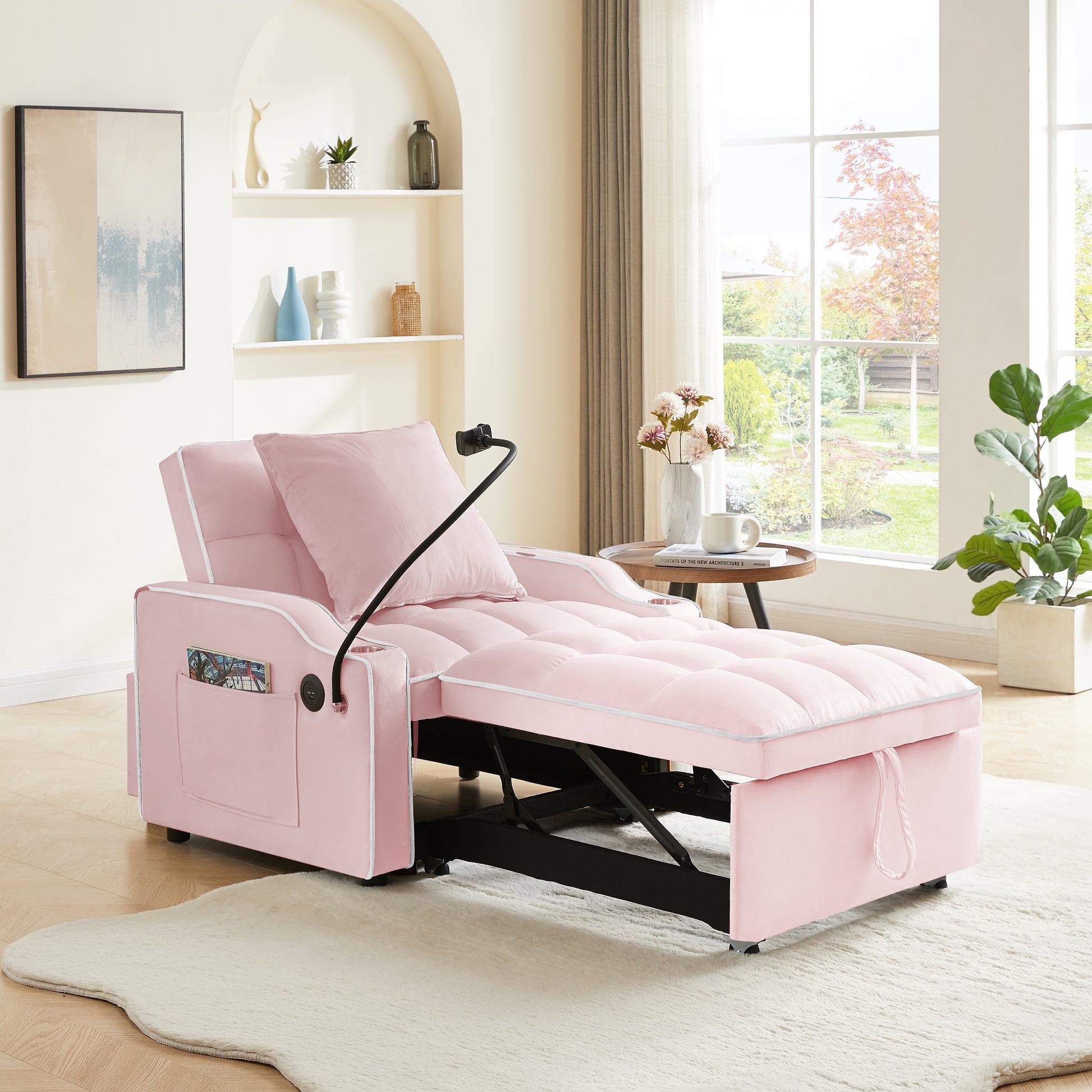 3 In 1 Sofa Bed, Convertible Sleeper Chair Sofa Bed Adjustable Pull Out Sleeper Chair Bed Multi Pockets Folding Sofa Bed For Living Room Bedroom Small Space Pink Pink Velvet 1 Seat