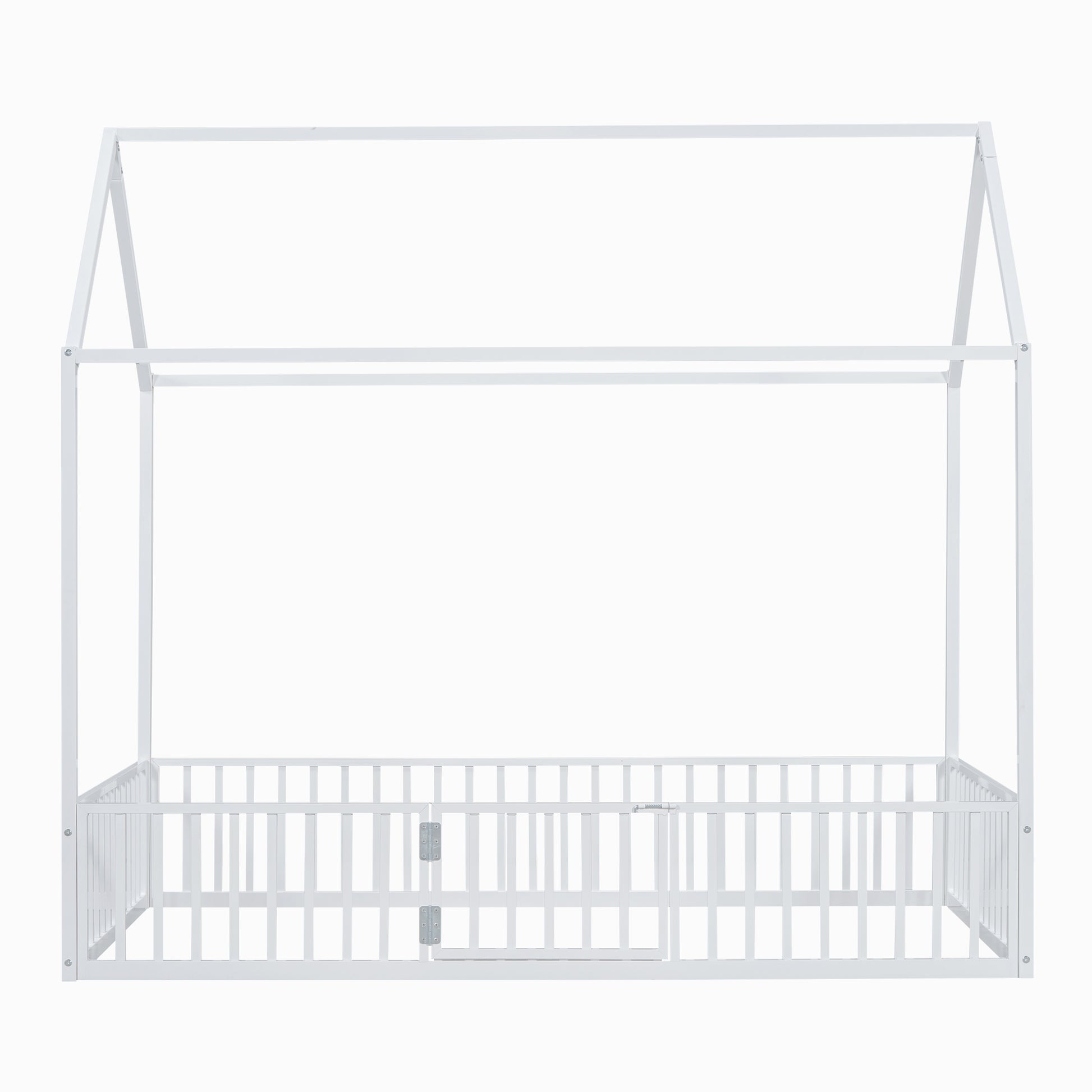 Twin Size Metal House Bed With Fence And Door, White White Metal