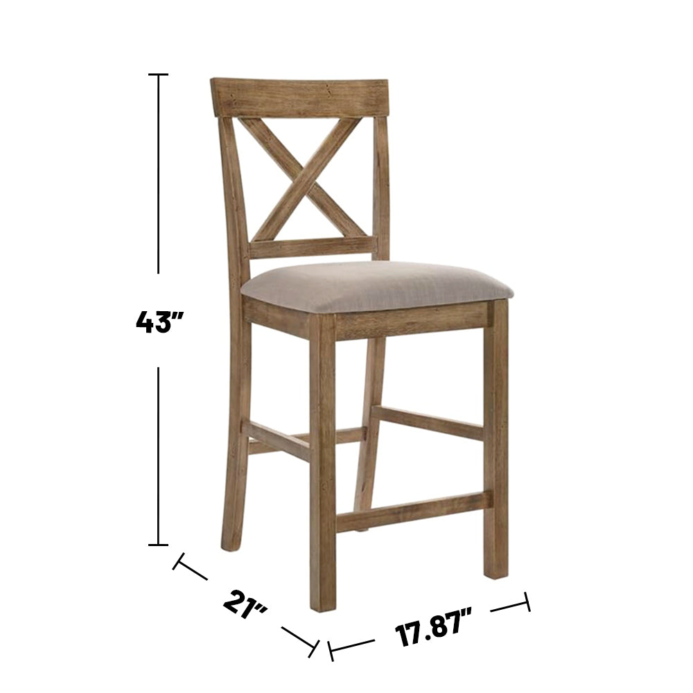 Set Of 2 Fabric And Wood Counter Height Chairs In Rustic Oak And Brown Solid Oak Dining Room Dining Chairs Wood Fabric