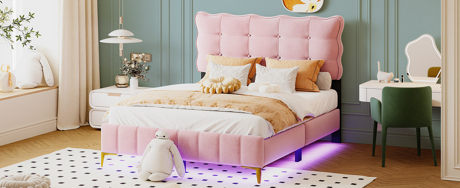 Full Size Velvet Platform Bed With Led Frame And Stylish Mental Bed Legs, Pink Pink Velvet