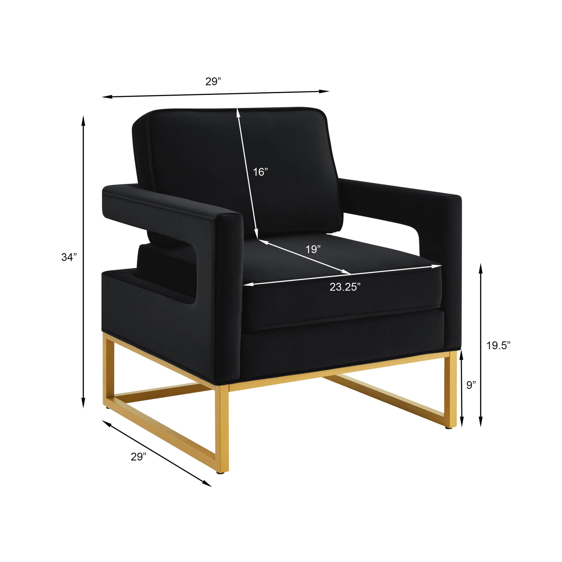 Modern Style Accent Chair With Gold Metal Basevelvet Upholstered Leisure Chair With Open Armrest, Armchair, Black Black Primary Living Space Modern Foam Velvet