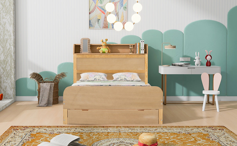 Full Size Platform Bed With Storage Headboard And A Big Drawer, Wood Color Box Spring Not Required Full Wood Wood Bedroom Bed Frame Solid Wood Mdf