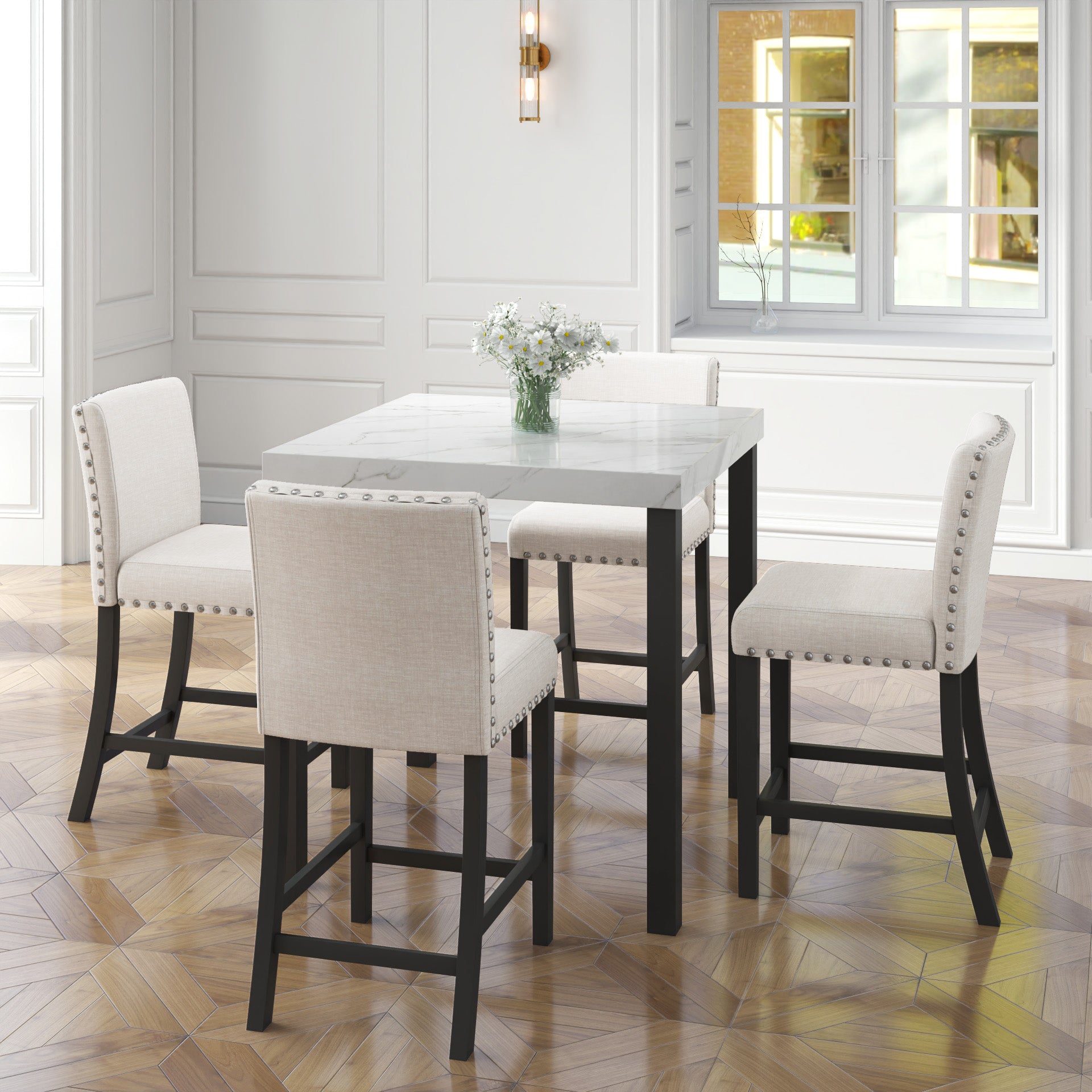 Five Piece Dining Set With Imitation Marble Tabletop, Restaurant Combination Set, Solid Wood Dining Table And 4 Chairs, Space Saving Combination Furniture For Kitchen And Dining Room. Black White Solid Wood Mdf