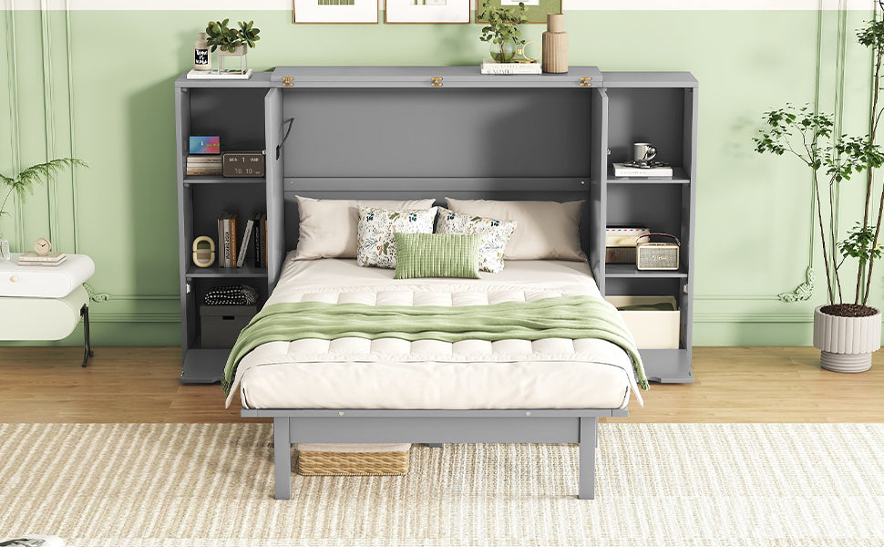 Queen Size Murphy Bed With Shelves, Drawers And Usb Ports,Gray Gray Mdf Lvl