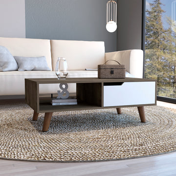 Coffee Table, One Open Shelf, One Drawer, Dark Brown White Multicolor Particle Board Particle Board