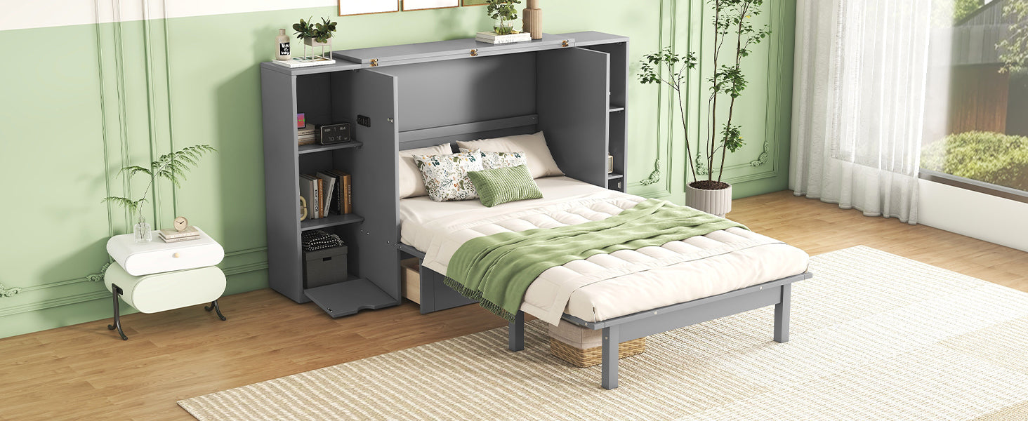 Queen Size Murphy Bed With Shelves, Drawers And Usb Ports,Gray Gray Mdf Lvl