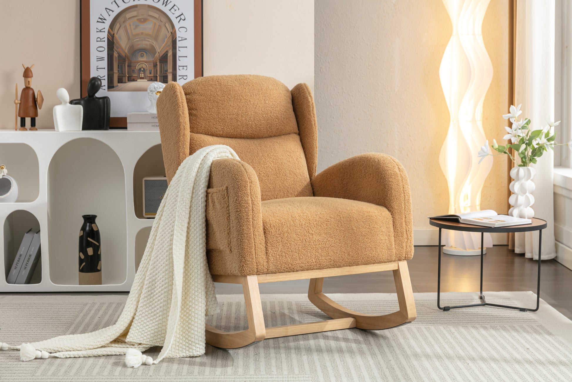 049 Teddy Fabric Rocking Chair With Packet Wood Legs,Khaki Wood Solid Khaki Primary Living Space Foam Wipe Clean Modern Rocking Chairs Eucalyptus Tufted Back Foam Teddy