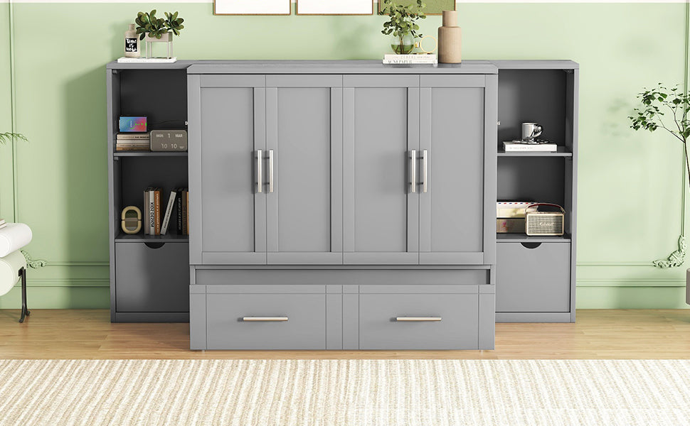 Queen Size Murphy Bed With Shelves, Drawers And Usb Ports,Gray Gray Mdf Lvl