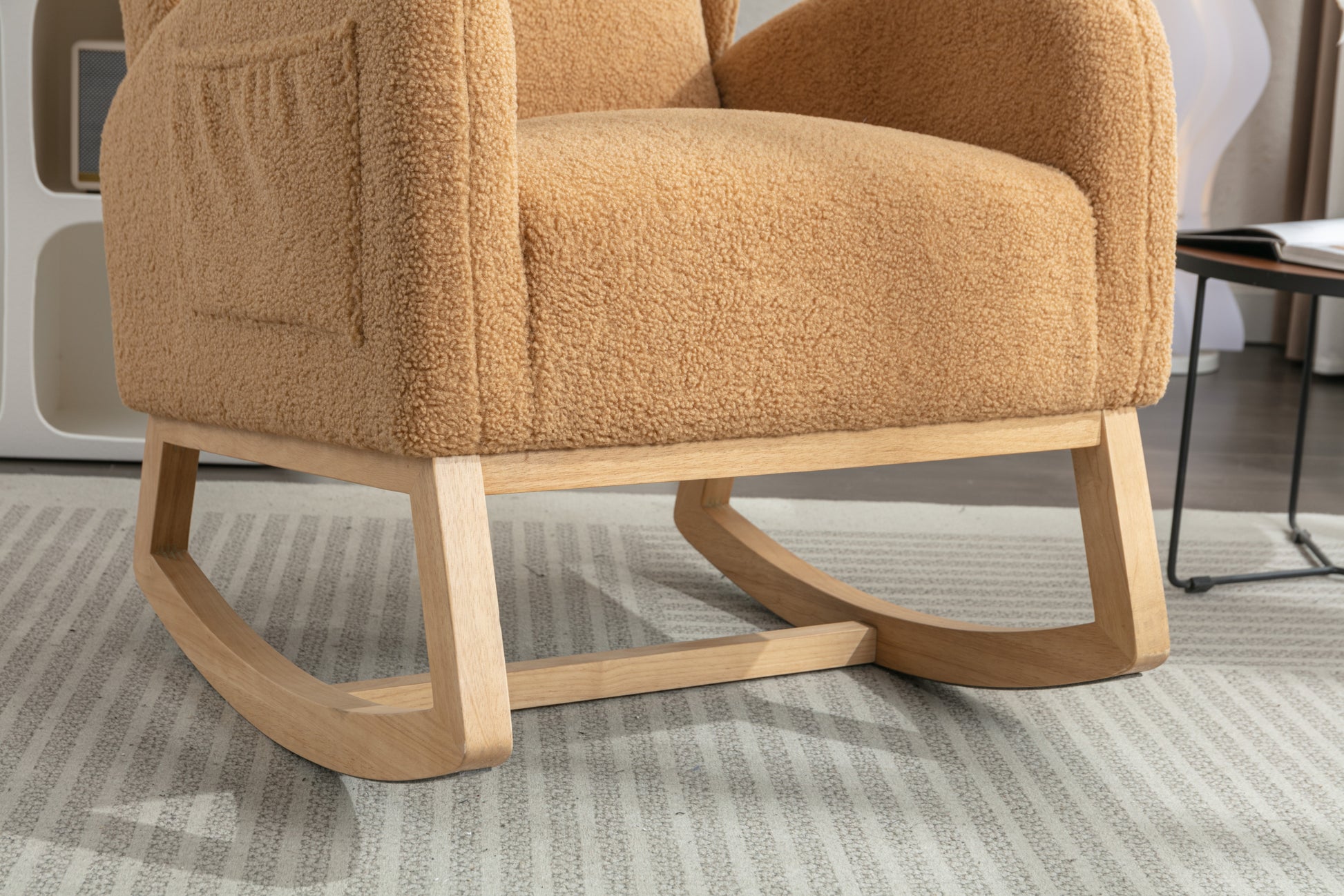049 Teddy Fabric Rocking Chair With Packet Wood Legs,Khaki Wood Solid Khaki Primary Living Space Foam Wipe Clean Modern Rocking Chairs Eucalyptus Tufted Back Foam Teddy