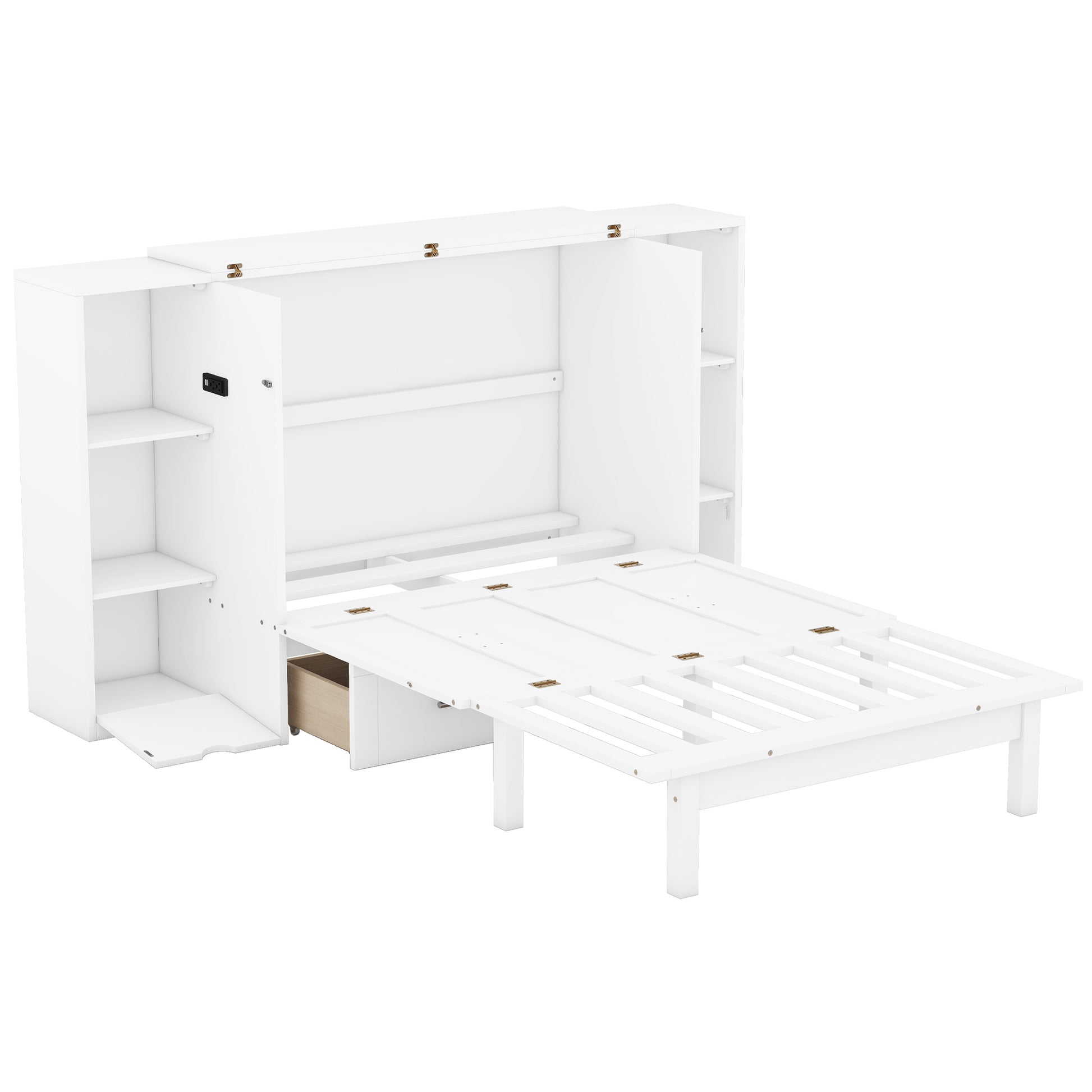 Queen Size Murphy Bed With Shelves, Drawers And Usb Ports,White White Mdf Lvl