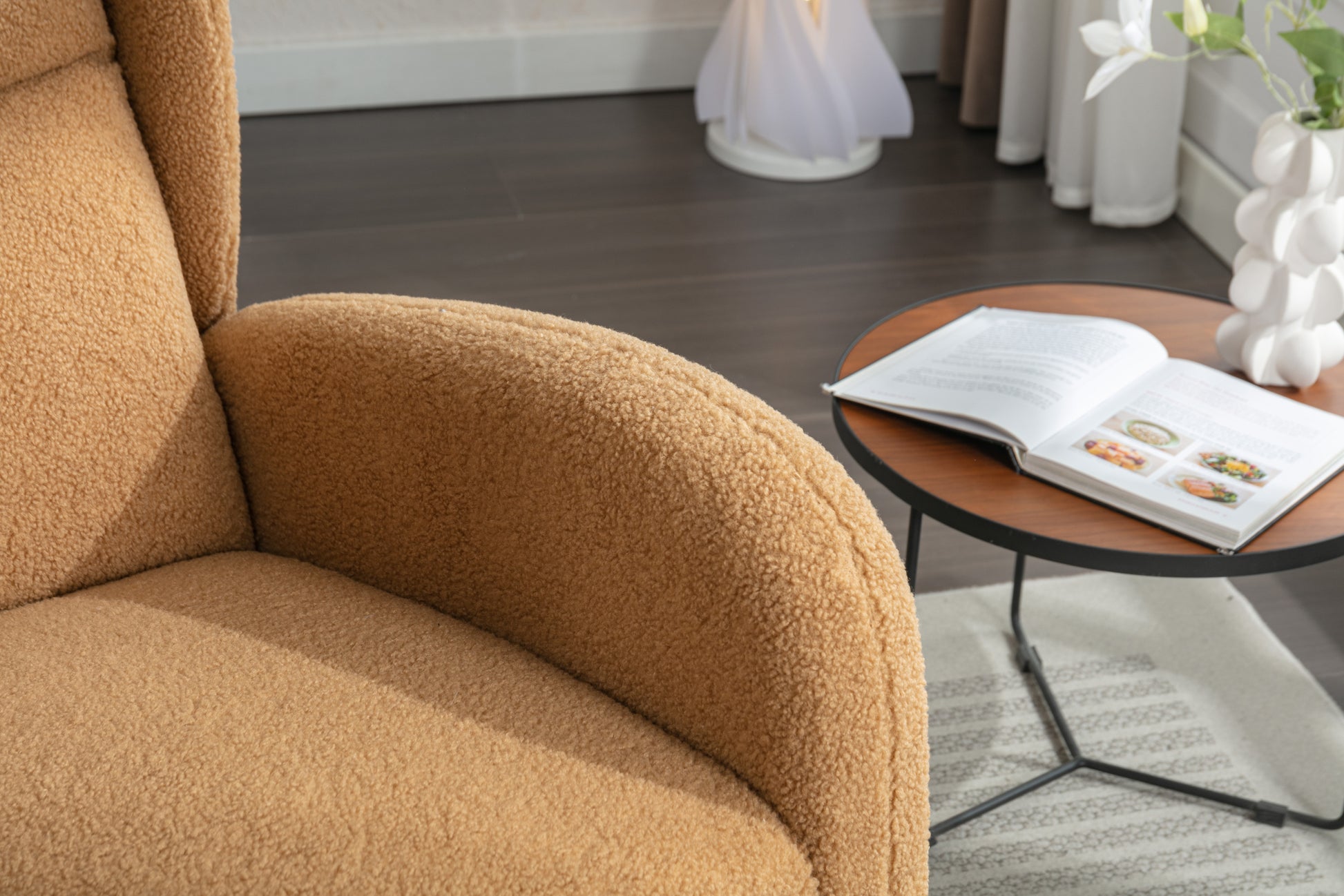 049 Teddy Fabric Rocking Chair With Packet Wood Legs,Khaki Wood Solid Khaki Primary Living Space Foam Wipe Clean Modern Rocking Chairs Eucalyptus Tufted Back Foam Teddy