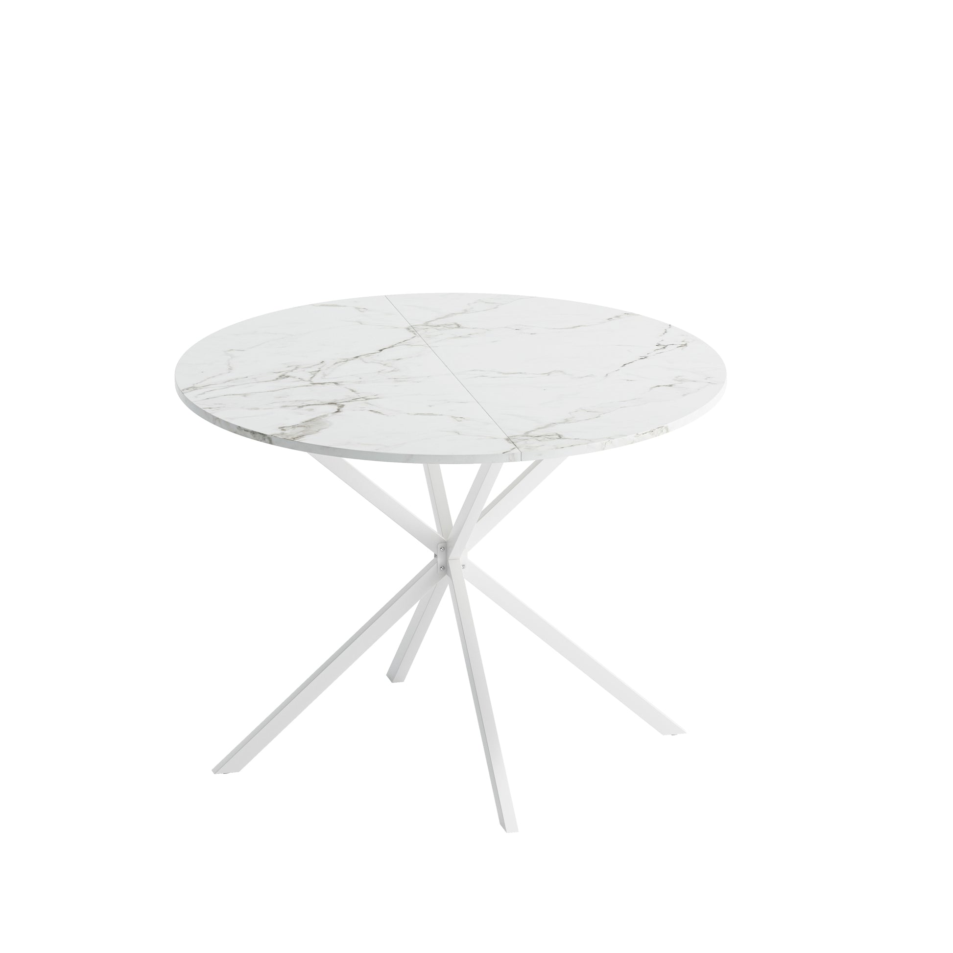 42.13'' Modern Cross Leg Round Dining Table, White Marble Top Occasional Table, Two Piece Removable Top, Matte Finish Iron Legs White Mdf Metal