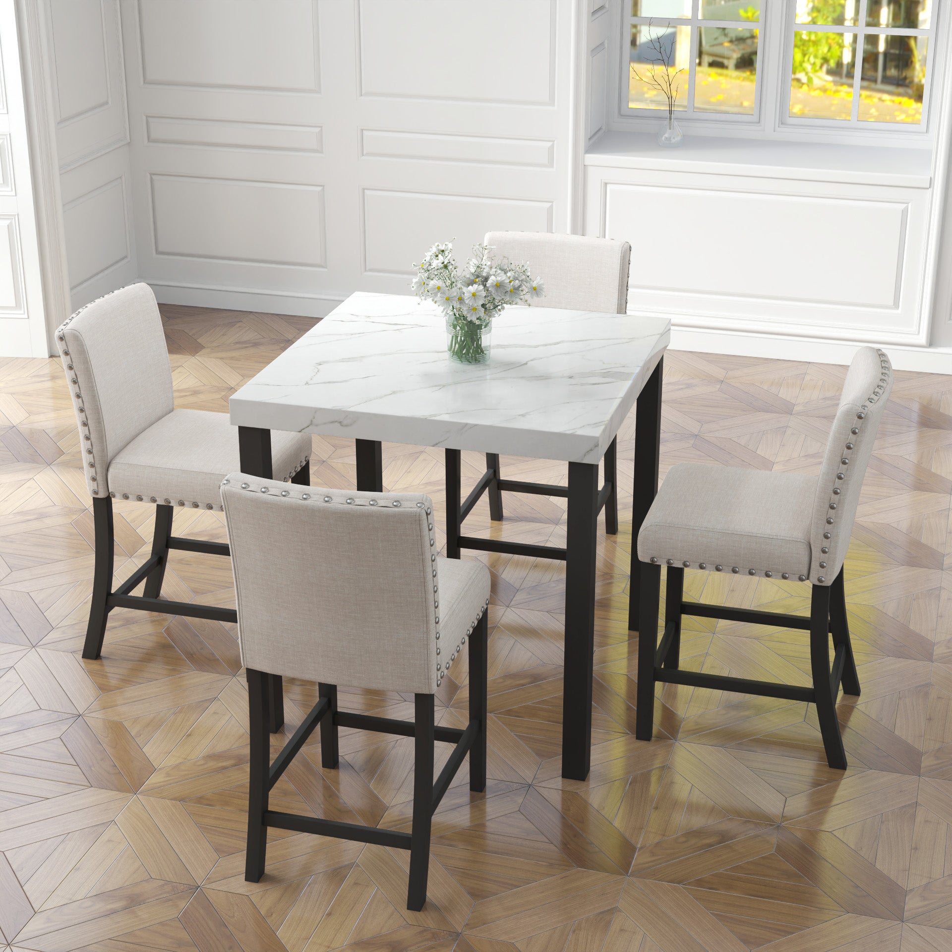 Five Piece Dining Set With Imitation Marble Tabletop, Restaurant Combination Set, Solid Wood Dining Table And 4 Chairs, Space Saving Combination Furniture For Kitchen And Dining Room. Black White Solid Wood Mdf
