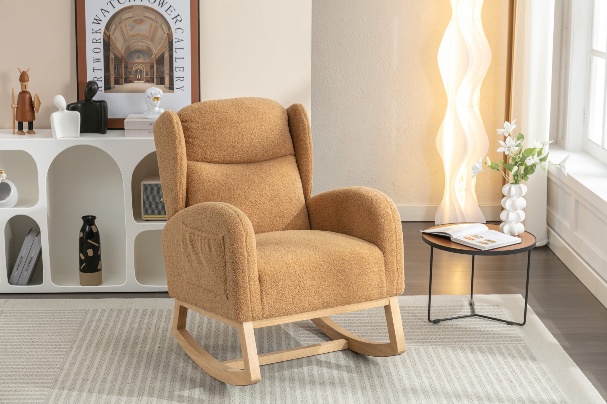 049 Teddy Fabric Rocking Chair With Packet Wood Legs,Khaki Wood Solid Khaki Primary Living Space Foam Wipe Clean Modern Rocking Chairs Eucalyptus Tufted Back Foam Teddy