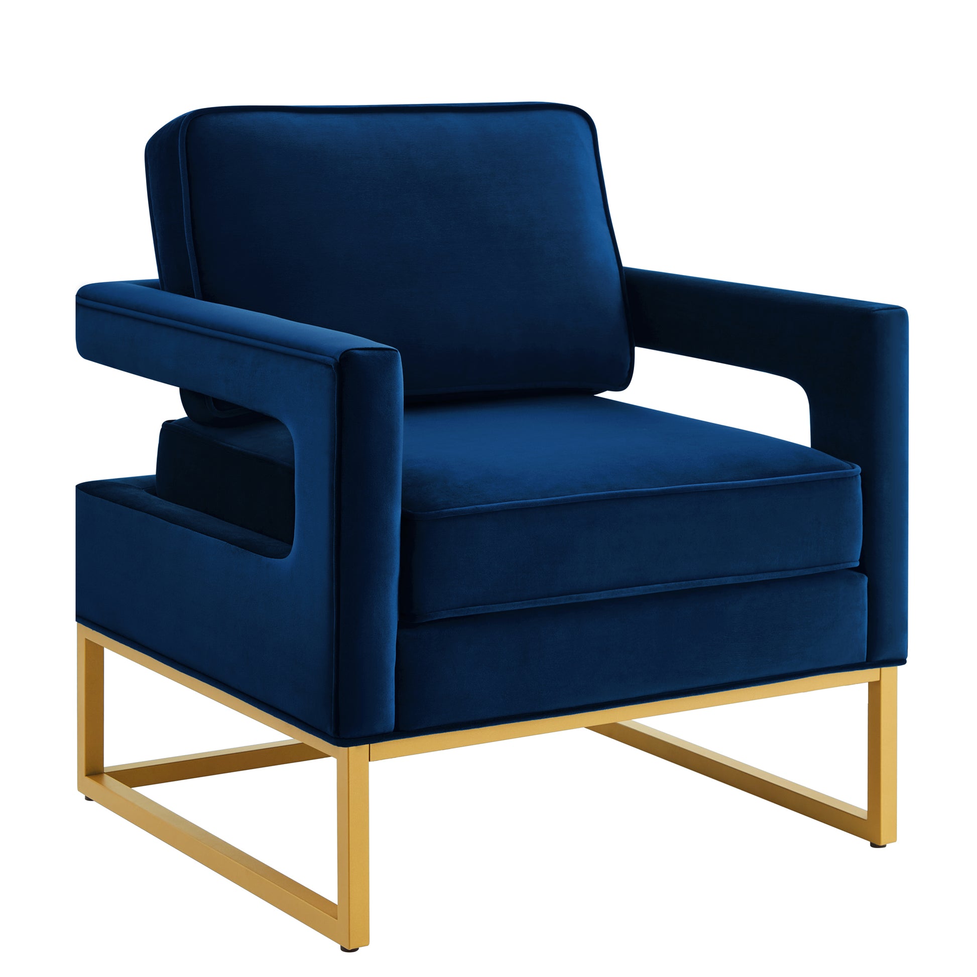 Modern Style Accent Chair With Gold Metal Basevelvet Upholstered Leisure Chair With Open Armrest, Armchair, Navy Navy Primary Living Space Modern Foam Velvet