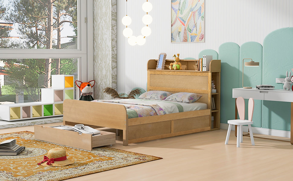 Full Size Platform Bed With Storage Headboard And A Big Drawer, Wood Color Box Spring Not Required Full Wood Wood Bedroom Bed Frame Solid Wood Mdf