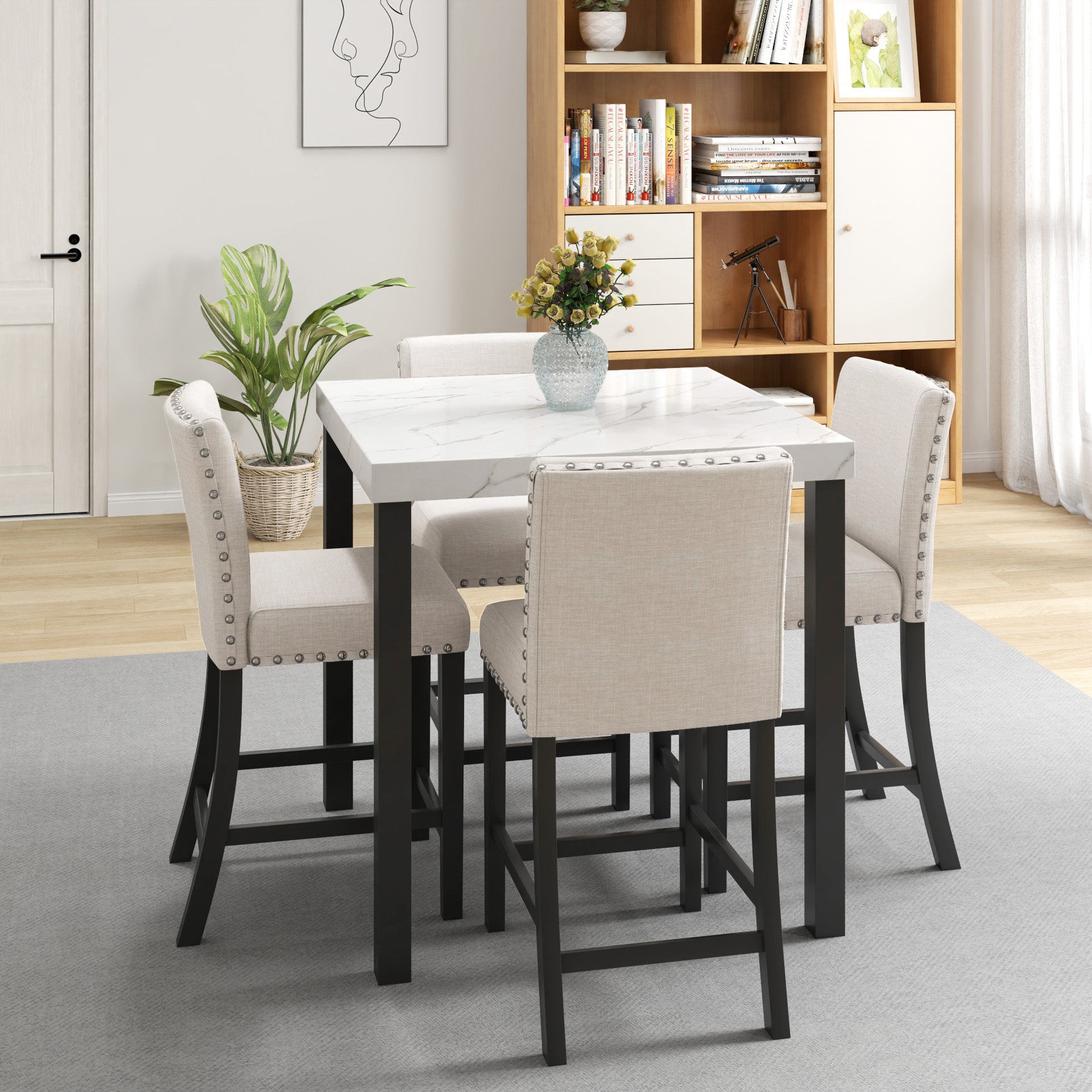 Five Piece Dining Set With Imitation Marble Tabletop, Restaurant Combination Set, Solid Wood Dining Table And 4 Chairs, Space Saving Combination Furniture For Kitchen And Dining Room. Black White Solid Wood Mdf