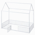 Twin Size Metal House Bed With Fence And Door, White White Metal