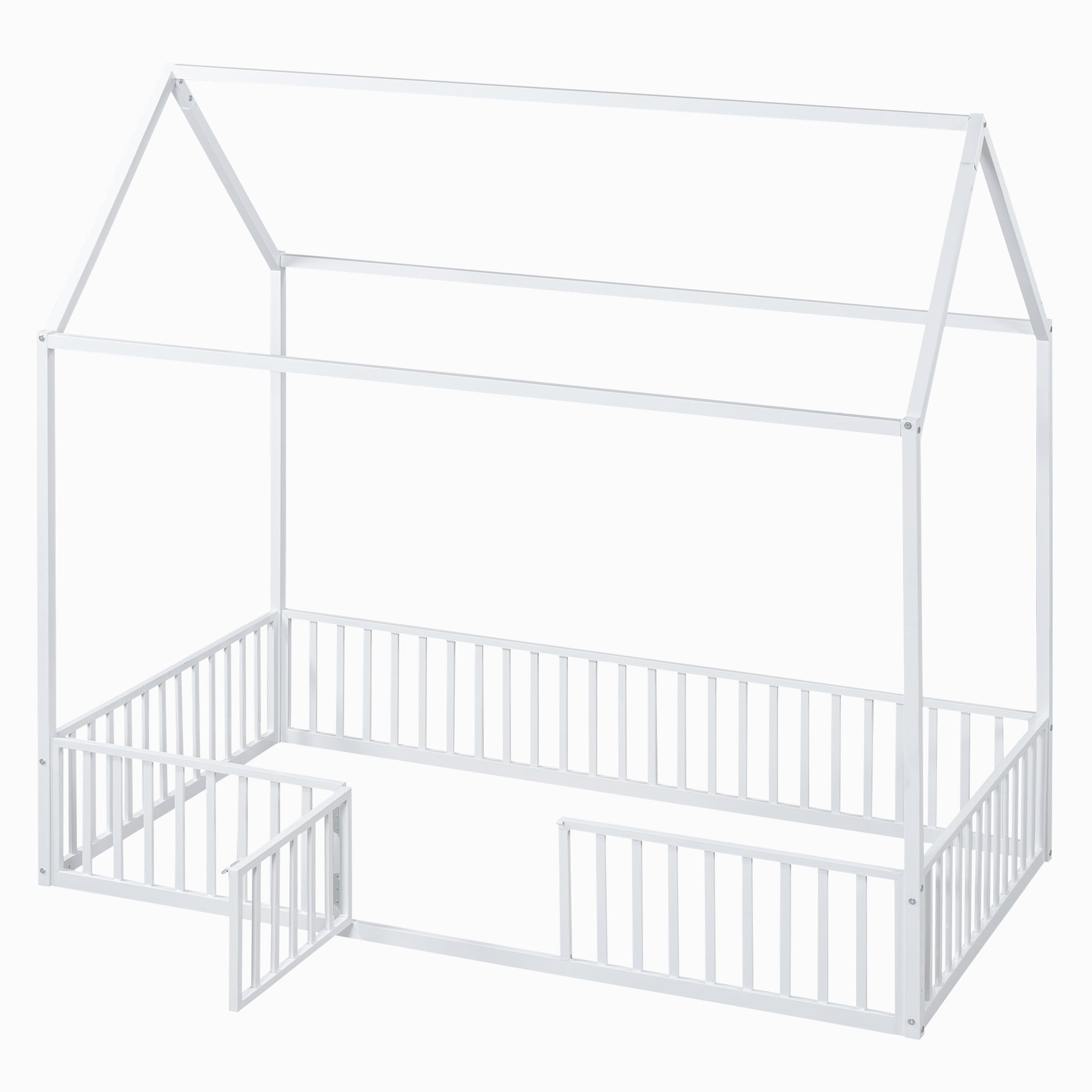 Twin Size Metal House Bed With Fence And Door, White White Metal