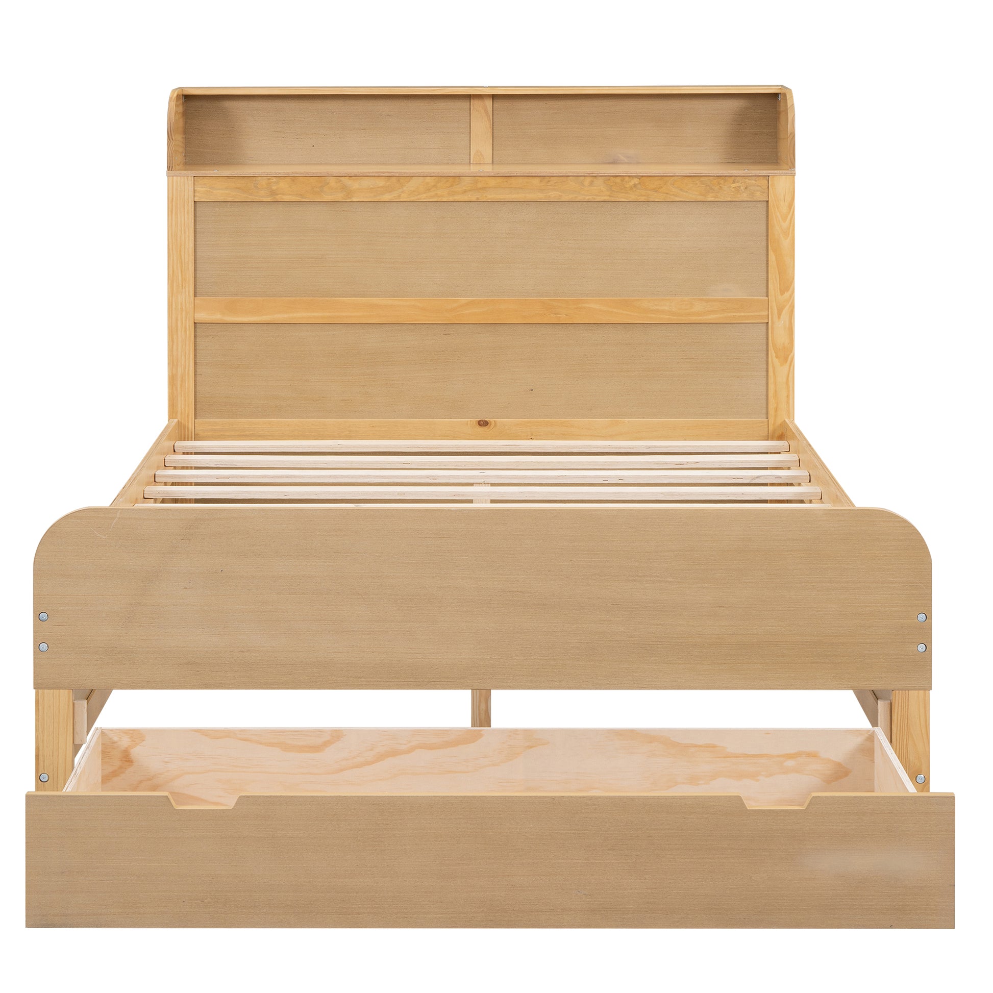 Full Size Platform Bed With Storage Headboard And A Big Drawer, Wood Color Box Spring Not Required Full Wood Wood Bedroom Bed Frame Solid Wood Mdf