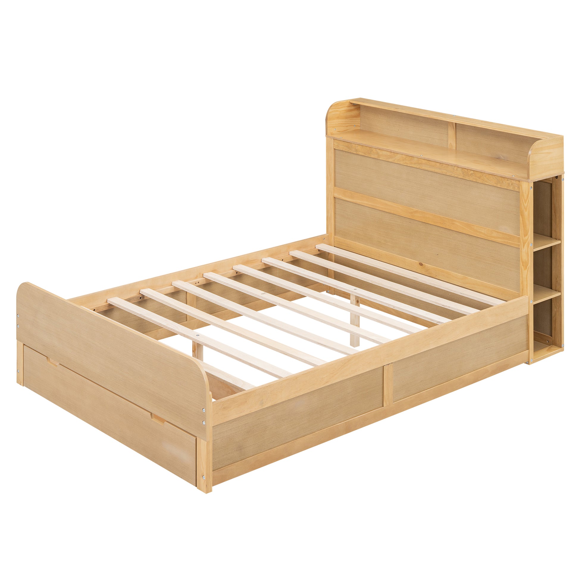 Full Size Platform Bed With Storage Headboard And A Big Drawer, Wood Color Box Spring Not Required Full Wood Wood Bedroom Bed Frame Solid Wood Mdf