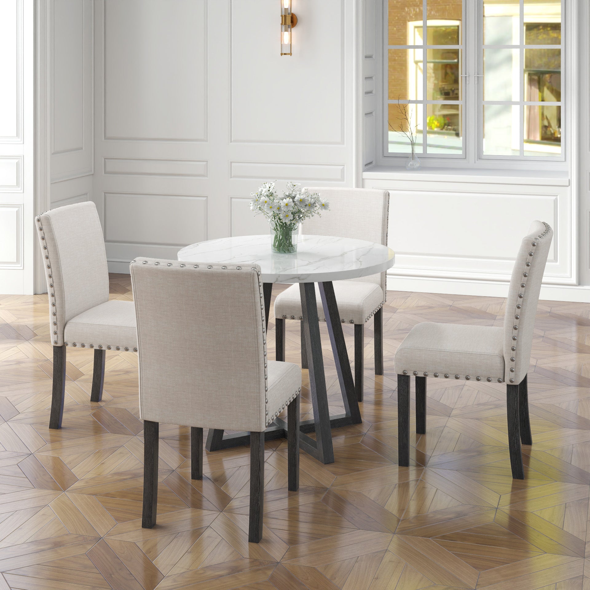 Five Piece Dining Room Set With Imitation Marble Table Top, Solid Wood Dining Table And 4 Chairs, Space Saving Kitchen And Dining Room Combination Furniture. Black White Solid Wood Mdf