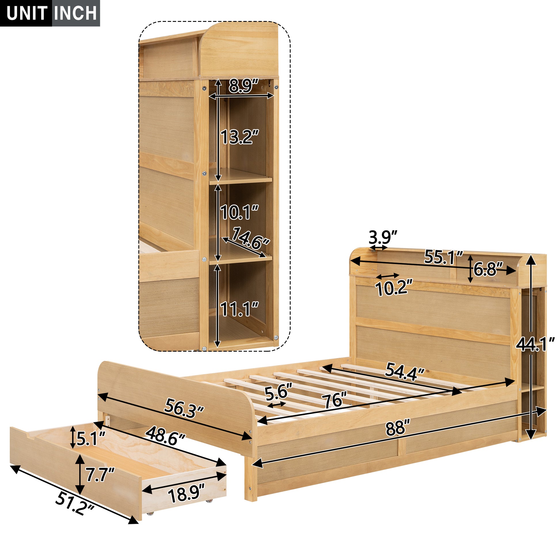 Full Size Platform Bed With Storage Headboard And A Big Drawer, Wood Color Box Spring Not Required Full Wood Wood Bedroom Bed Frame Solid Wood Mdf