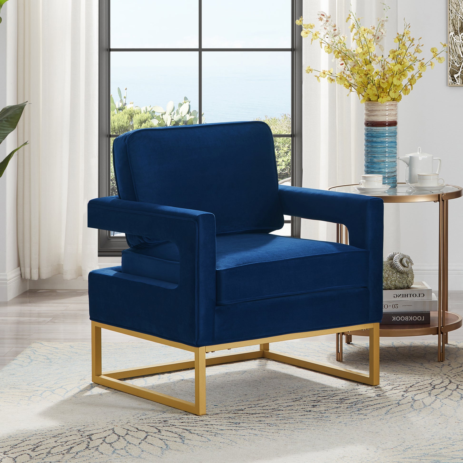 Modern Style Accent Chair With Gold Metal Basevelvet Upholstered Leisure Chair With Open Armrest, Armchair, Navy Navy Primary Living Space Modern Foam Velvet