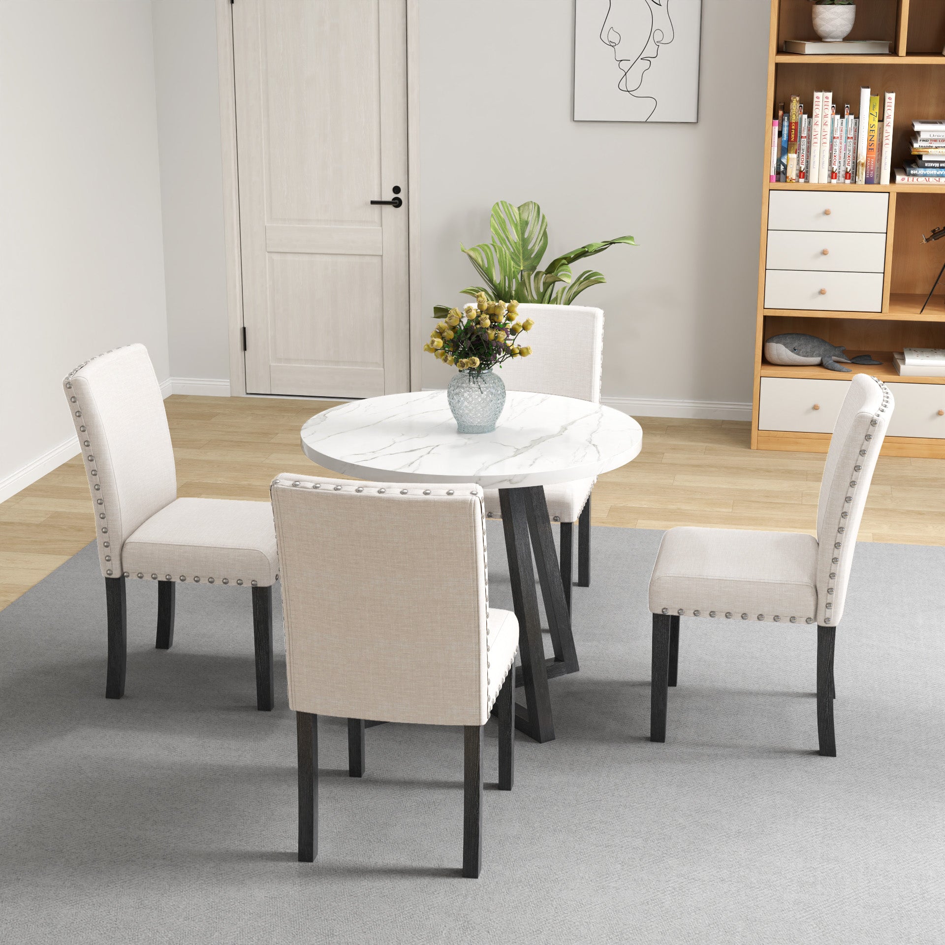 Five Piece Dining Room Set With Imitation Marble Table Top, Solid Wood Dining Table And 4 Chairs, Space Saving Kitchen And Dining Room Combination Furniture. Black White Solid Wood Mdf