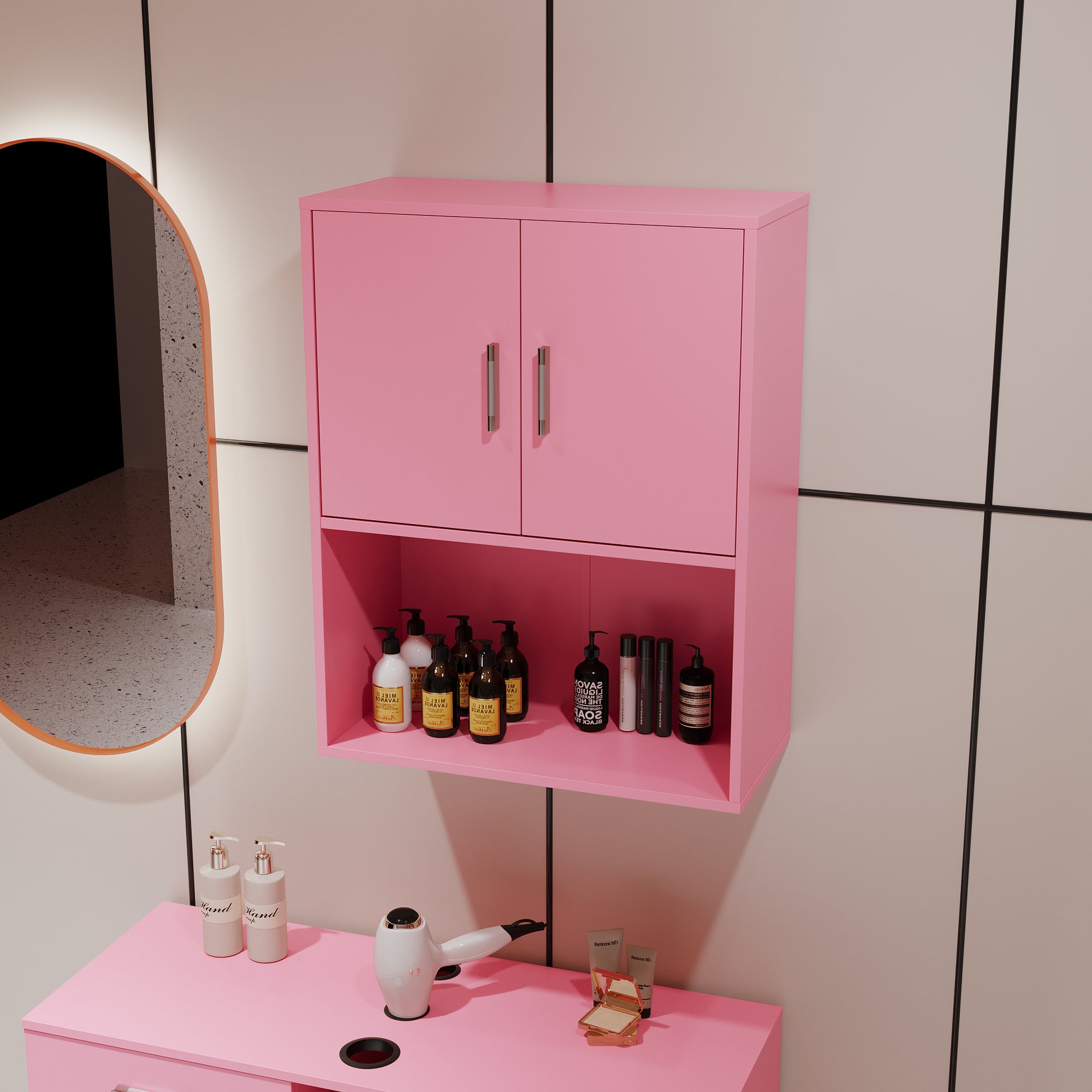 Wall Mounted Barber Shampoo Station Storage Cabinet Salon Beauty Spa Equipment For Barber Salon Shop Pink Mdf