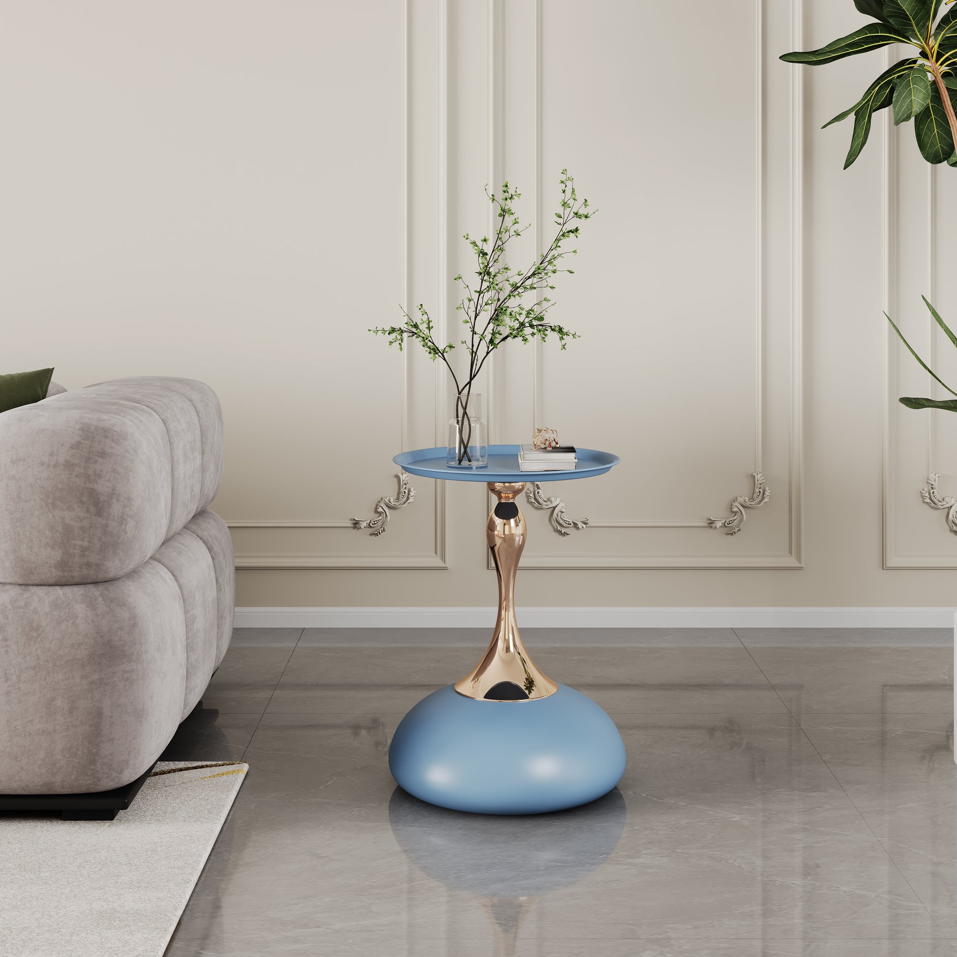Luxury Design Iron End Table, Minimalist Round Side Table For Small Space Blue Iron