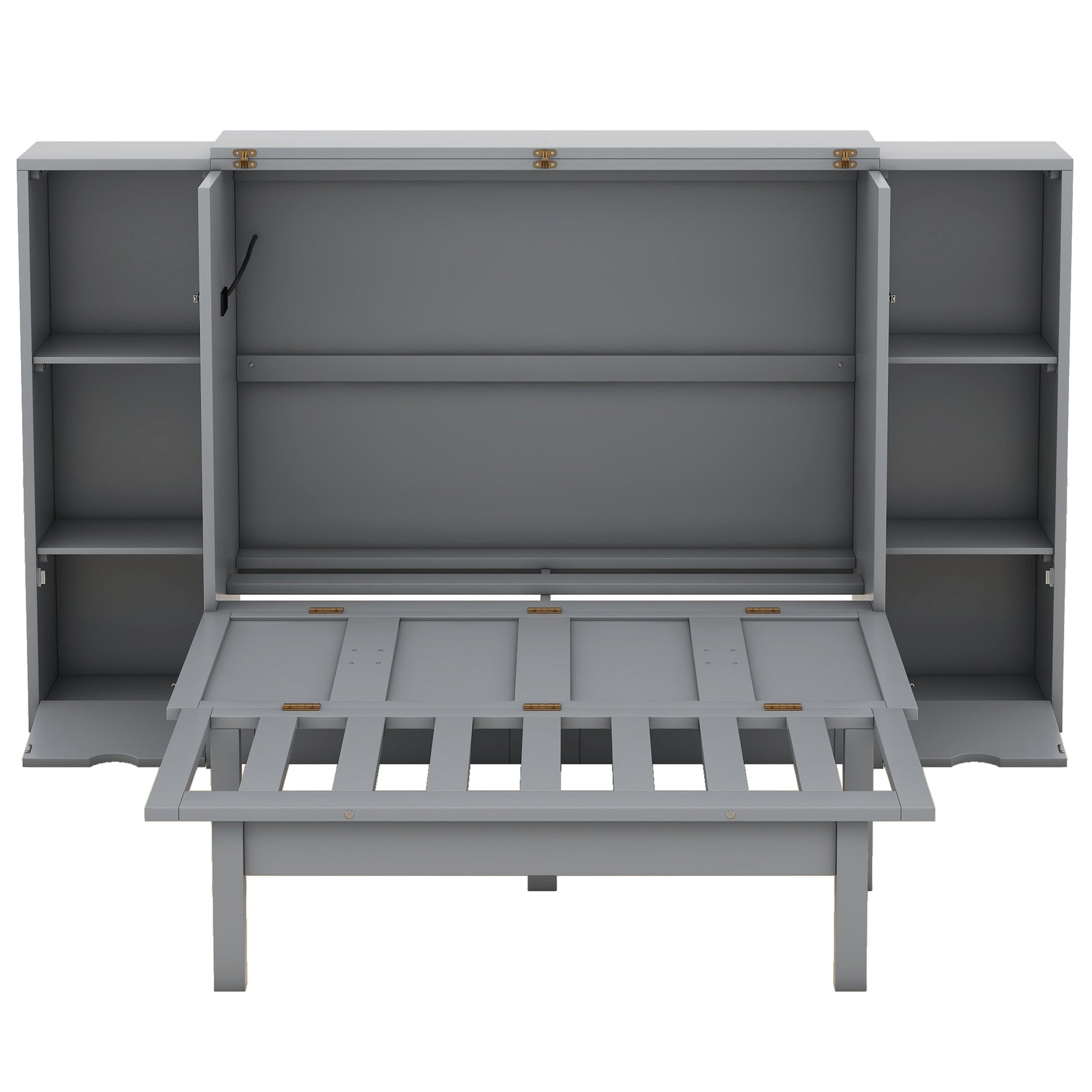 Queen Size Murphy Bed With Shelves, Drawers And Usb Ports,Gray Gray Mdf Lvl