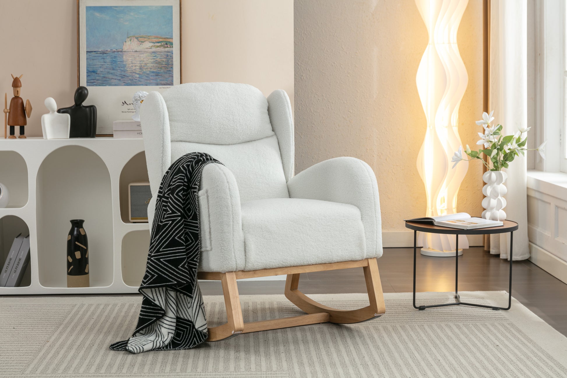 049 Teddy Fabric Rocking Chair With Packet Wood Legs,Ivory Wood Solid Ivory Primary Living Space Foam Wipe Clean Modern Rocking Chairs Eucalyptus Tufted Back Foam Teddy