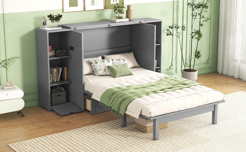 Queen Size Murphy Bed With Shelves, Drawers And Usb Ports,Gray Gray Mdf Lvl