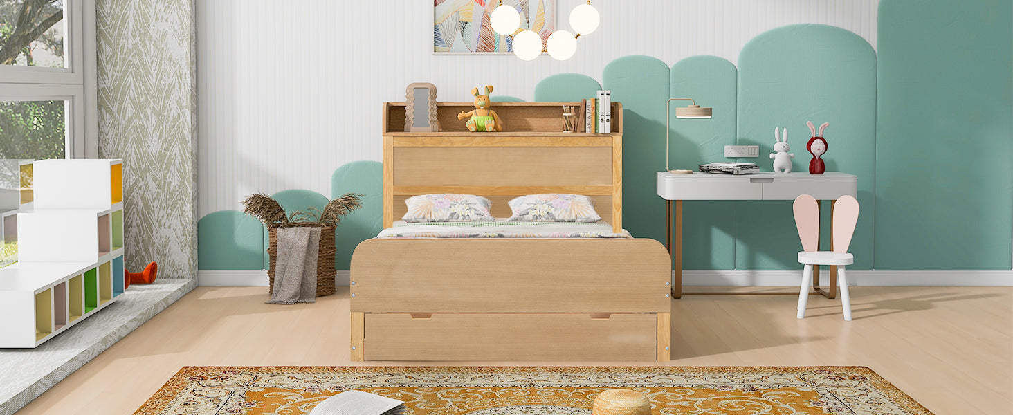 Full Size Platform Bed With Storage Headboard And A Big Drawer, Wood Color Box Spring Not Required Full Wood Wood Bedroom Bed Frame Solid Wood Mdf