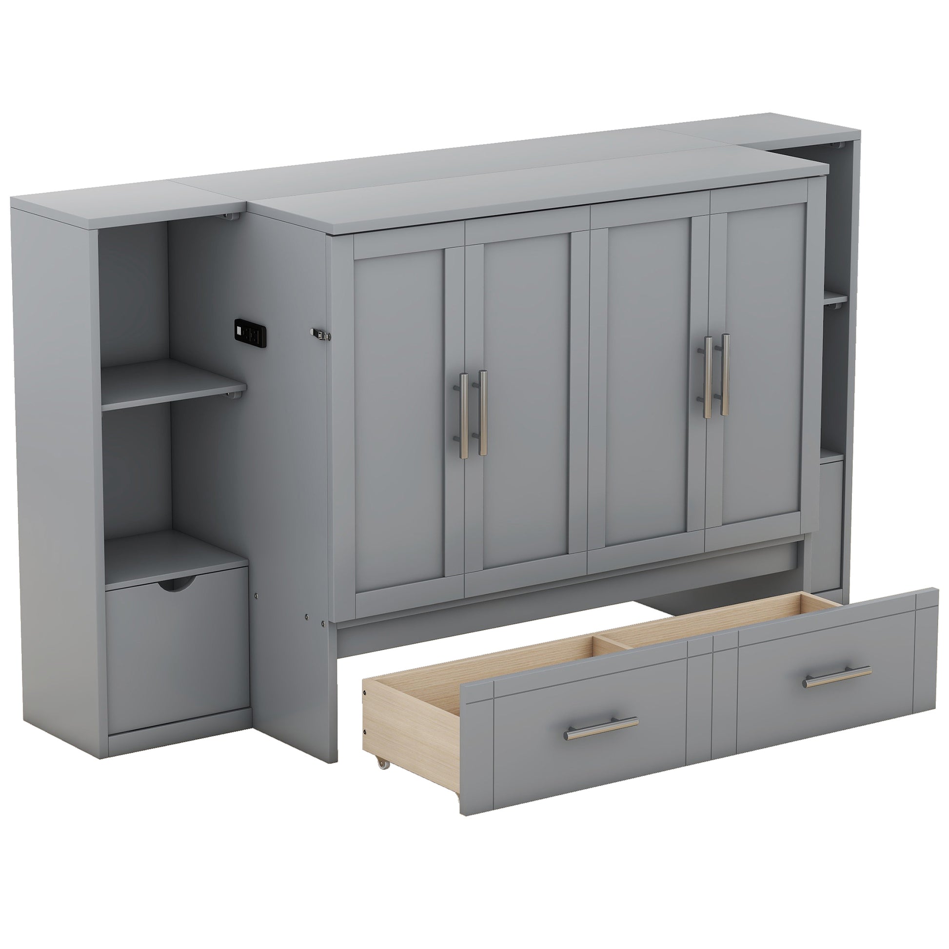 Queen Size Murphy Bed With Shelves, Drawers And Usb Ports,Gray Gray Mdf Lvl