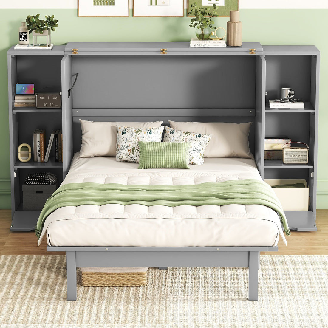 Queen Size Murphy Bed With Shelves, Drawers And Usb Ports,Gray Gray Mdf Lvl