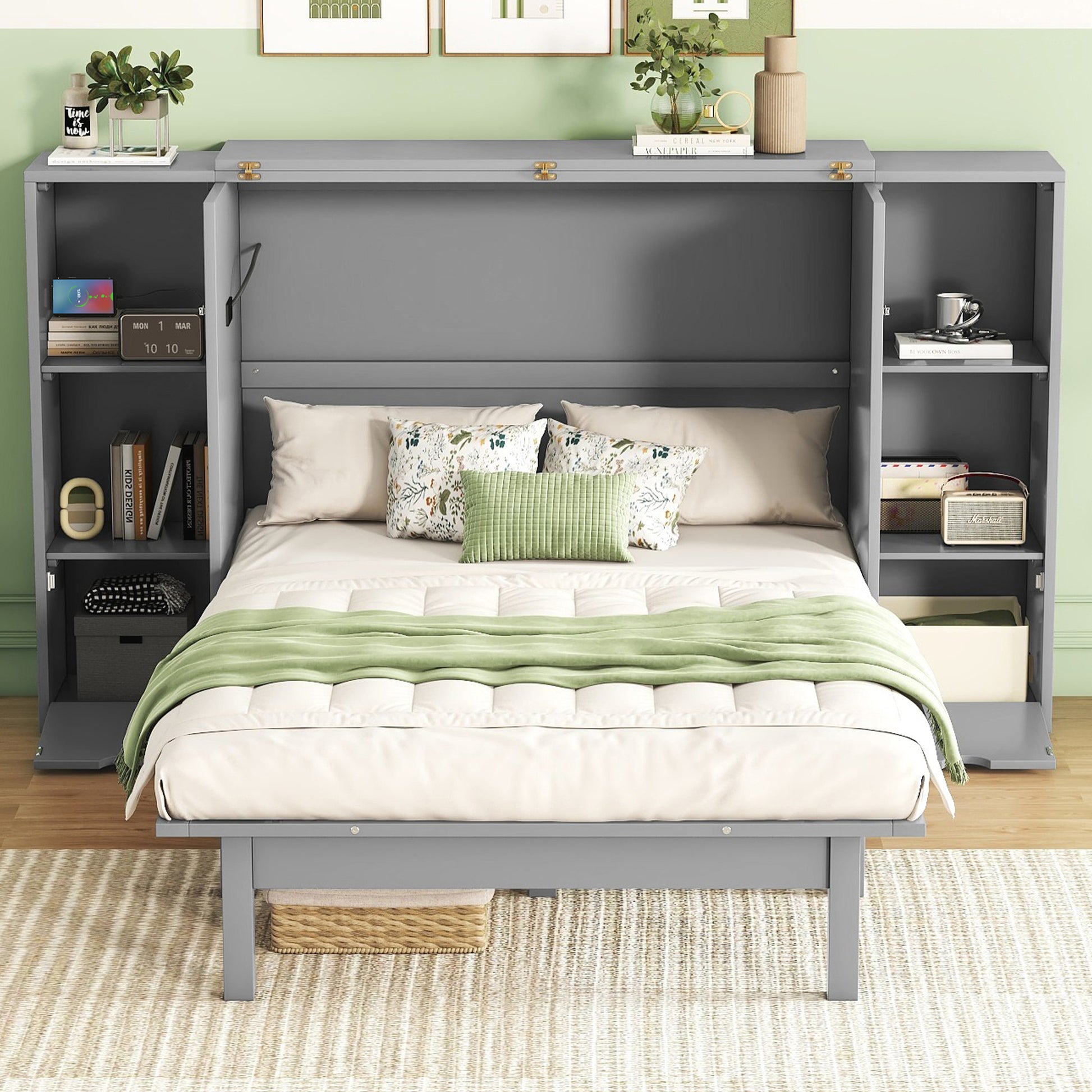 Queen Size Murphy Bed With Shelves, Drawers And Usb Ports,Gray Gray Mdf Lvl
