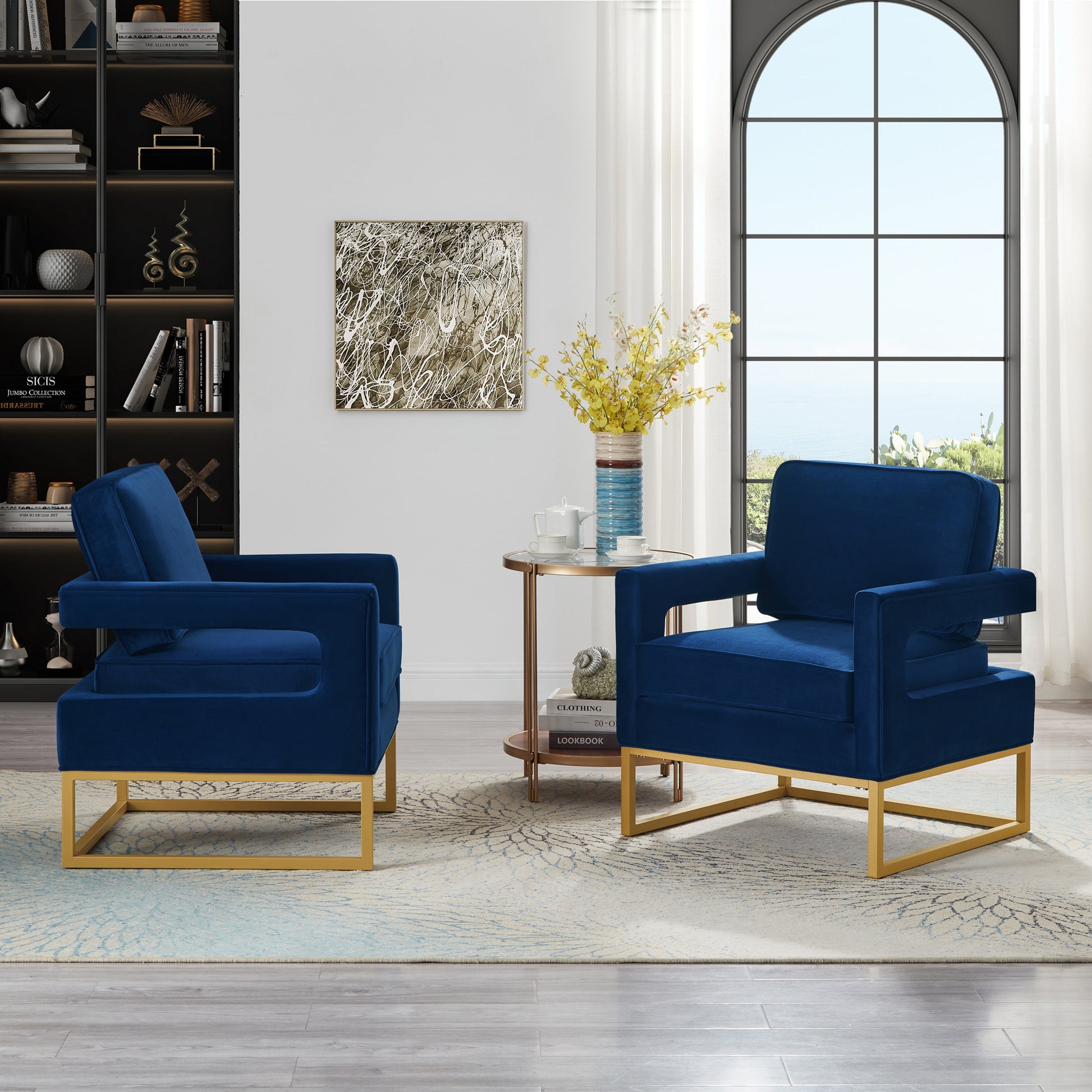 Modern Style Accent Chair With Gold Metal Basevelvet Upholstered Leisure Chair With Open Armrest, Armchair, Navy Navy Primary Living Space Modern Foam Velvet