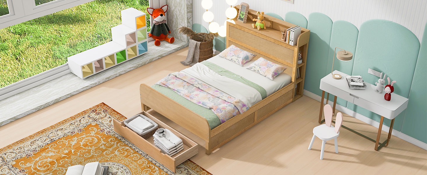 Full Size Platform Bed With Storage Headboard And A Big Drawer, Wood Color Box Spring Not Required Full Wood Wood Bedroom Bed Frame Solid Wood Mdf